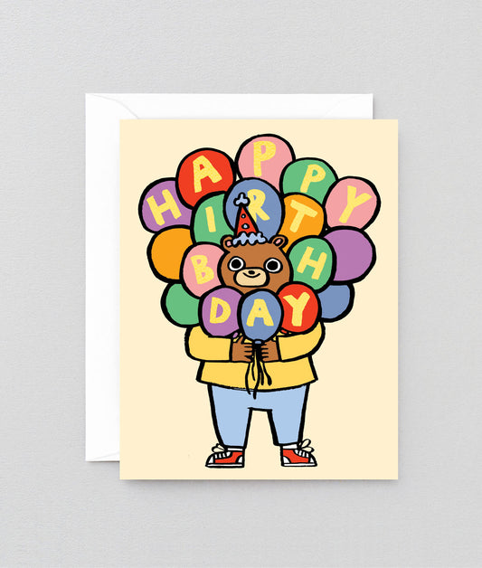 Happy Birthday Bear and Balloons Kids Greetings Card